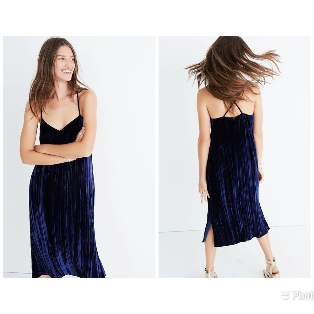 Madewell H2280 Crushed Velvet Slip Dress Silk Blend Blue Sleeveless Sz XS
